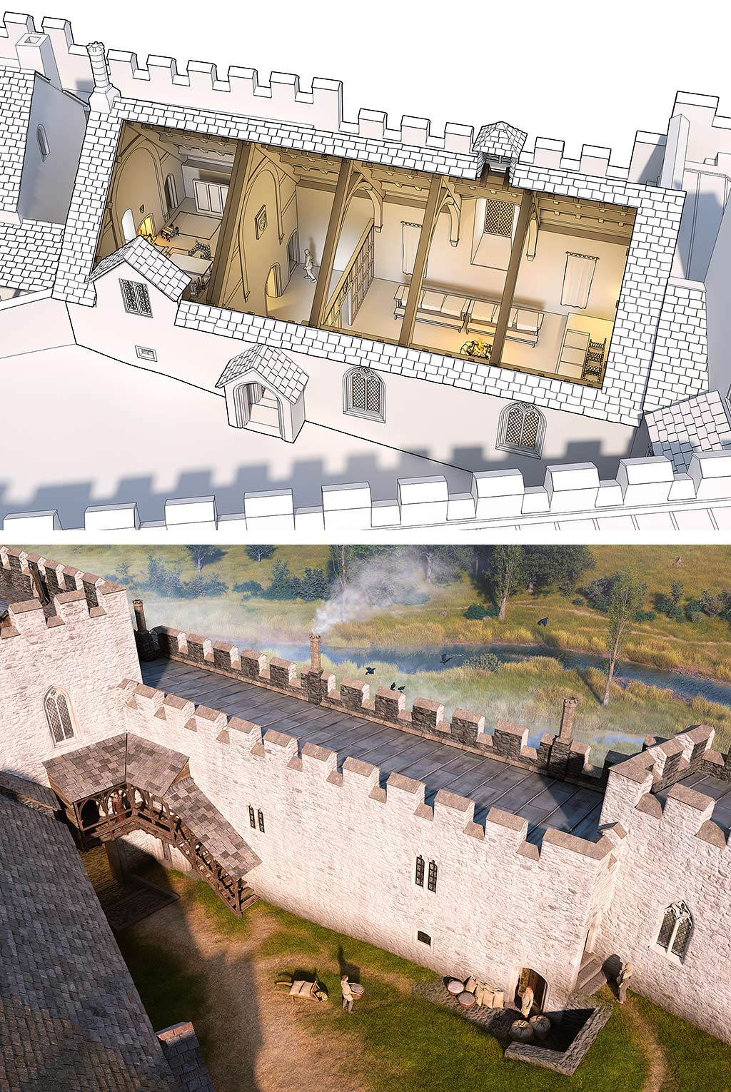 Two reconstructions showing Hugh Courtenay’s changes to the castle in the 14th century. Top: The great hall, showing the double-height hall itself (right) and (left) the solar or private chamber above the buttery, where butts of wine and ale were stored. Bottom: The eastern lodgings adjoining the gatehouse (on the left). The timber stairs and gallery gave access to the heated upper rooms, which had views over the river towards the hunting park