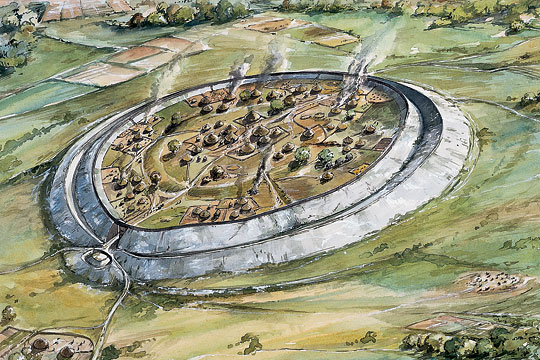 A reconstruction painting showing how the Iron Age hillfort at Old Sarum may have appeared in about 100 BC, with a busy community of huts within its protective ramparts A reconstruction painting showing how the Iron Age hillfort at Old Sarum may have appeared in about 100 BC, with a busy community of huts within its protective ramparts