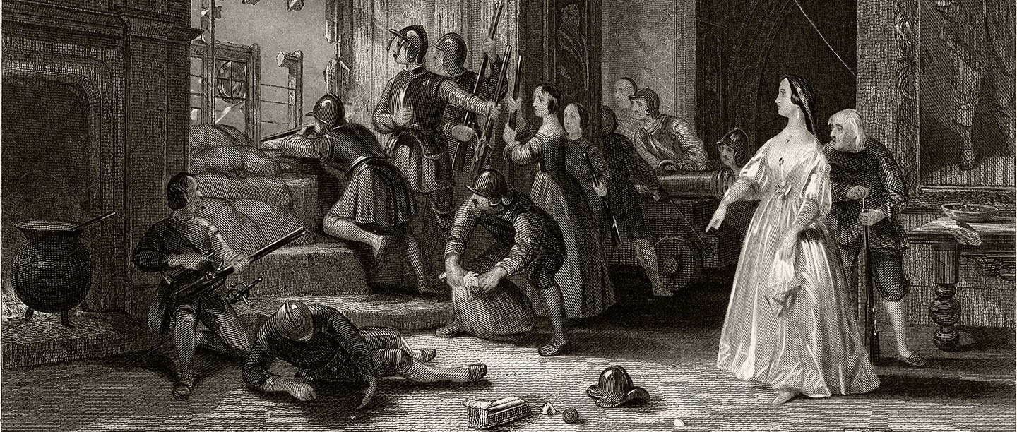 A 19th-century engraving showing Blanche Arundell leading the defence of Wardour Castle
