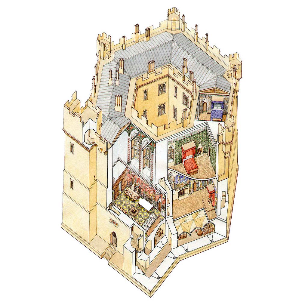 A cutaway reconstruction drawing of Old Wardour Castle in about 1400