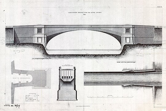 A 19th-century plan  and elevation drawing of Over Bridge
