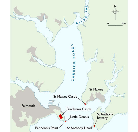 Map of the area around Pendennis Castle headland