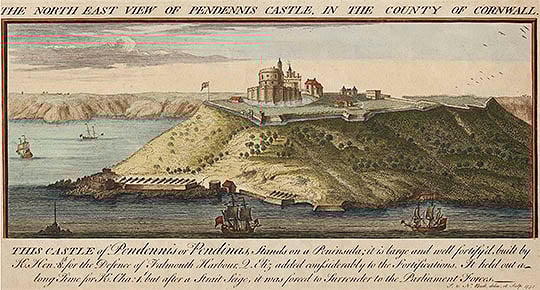 Tinted engraving of Pendennis Castle by Nathaniel and Samuel Buck Tinted engraving of Pendennis Castle by Nathaniel and Samuel Buck