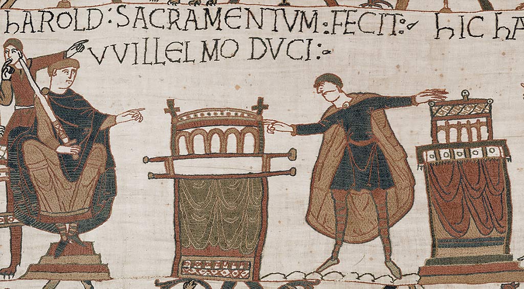 The scene in the Bayeux Tapestry depicting Harold (right) swearing an oath on holy relics to Duke William (left)