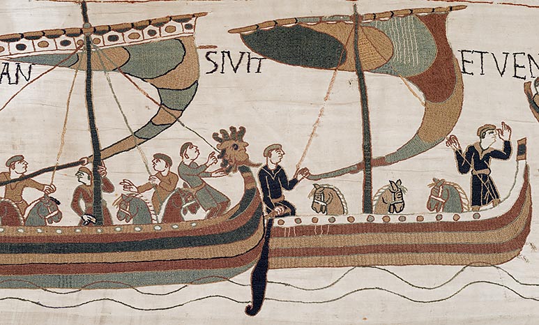 Two ships depicted in the Bayeux Tapestry. They are both carrying men and horses