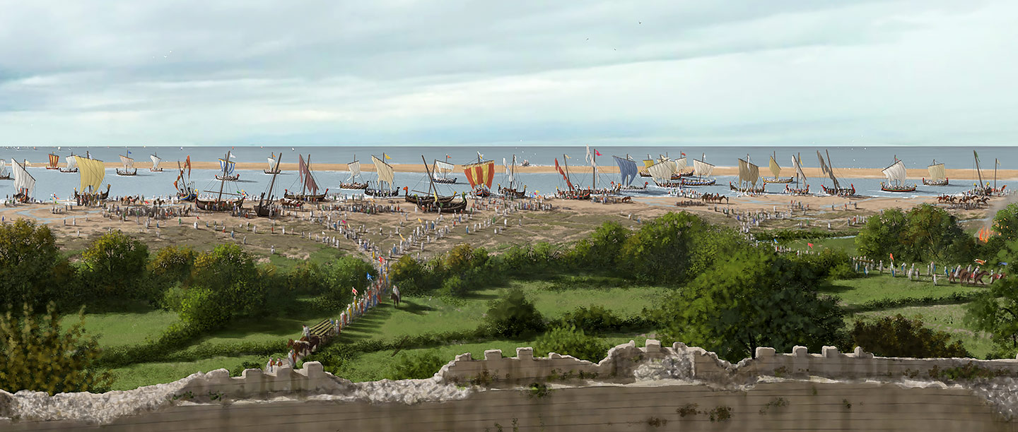 A reconstruction drawing showing the Norman fleet landing at Pevensey Bay on the morning of 28 September 1066. In the foreground are the walls of a Roman fort, and men and horses are streaming from the many ships onto the shore
