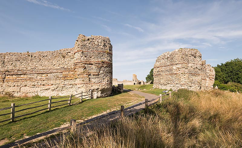 The west gate of the Roman fort at Pevensey, where William may have built a ditch to guard the landward approach. The Roman fort walls provided shelter for William’s invading force. Beyond the gate, parts of the later medieval castle are visible 