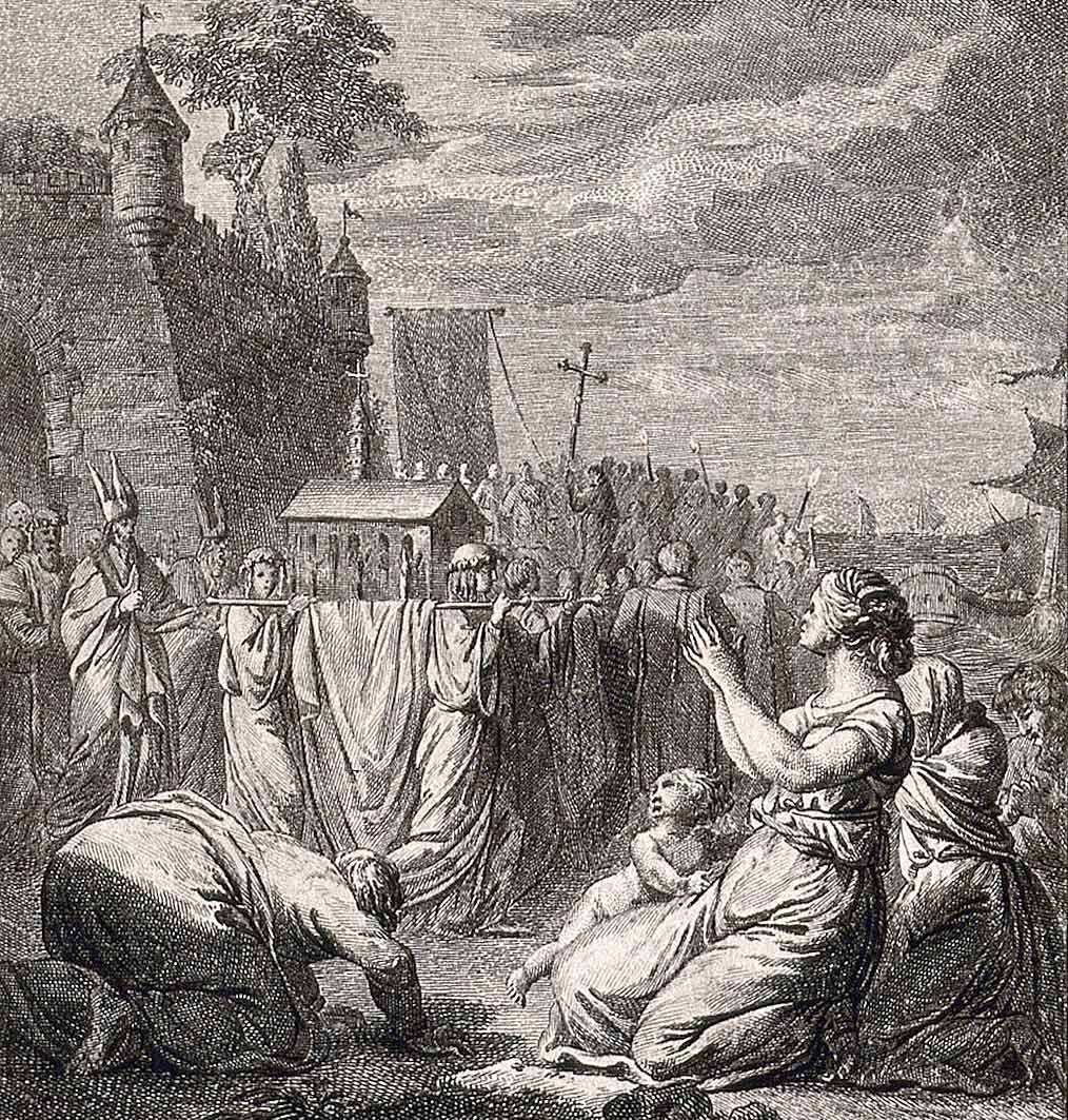 A black and white engraving showing medieval figures in procession, with ships in the background