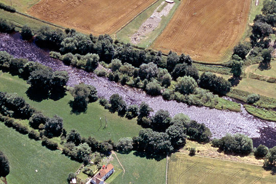 Aerial photograph of the remains of Piercebridge Roman Bridge seen looking south