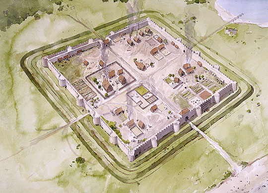 A reconstruction drawing of Portchester Castle in the 10th century
