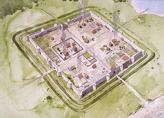 A reconstruction drawing of Portchester Castle in the 10th century A reconstruction drawing of Portchester Castle in the 10th century