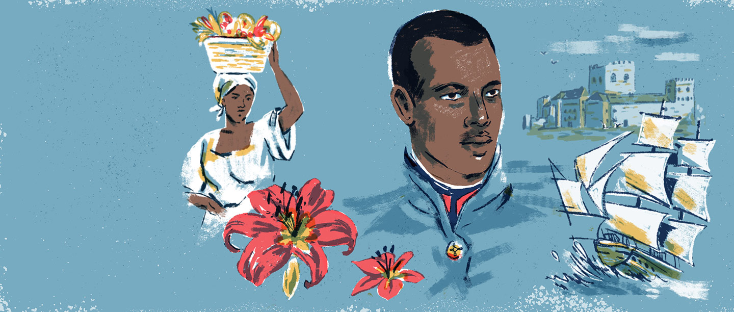 Illustration showing a black officer in the French army, a ship and a woman carrying goods in a basket