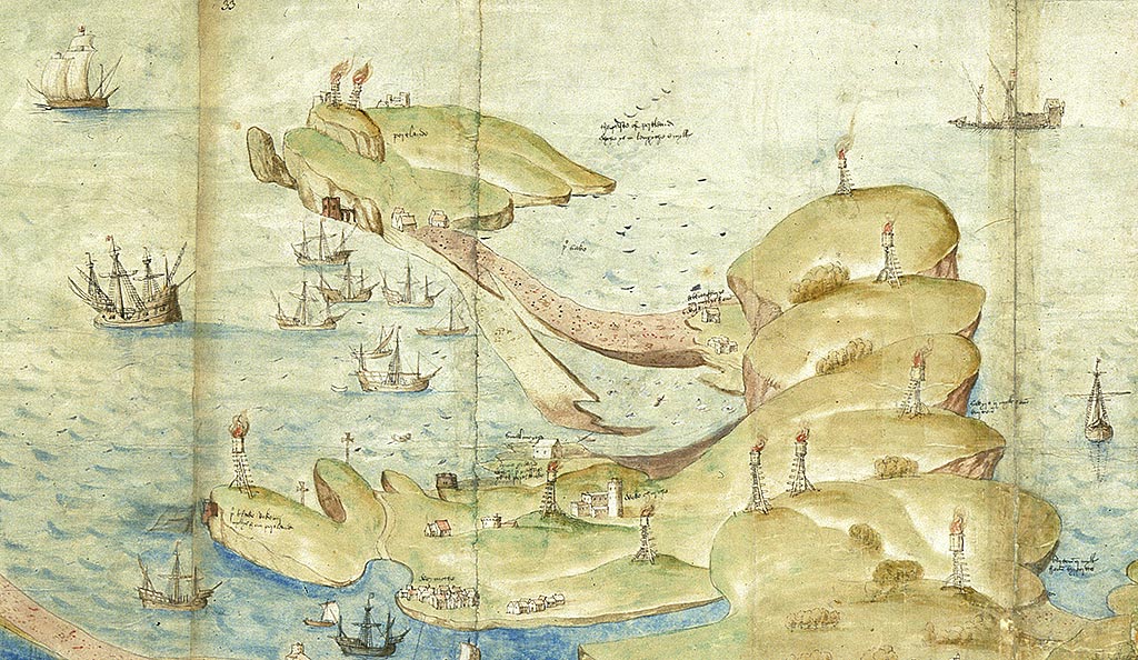 Ships in Portland Roads, 1539, with Hamm Beach (centre) and the Isle of Portland beyond. Portland Castle is visible on the left side of the island