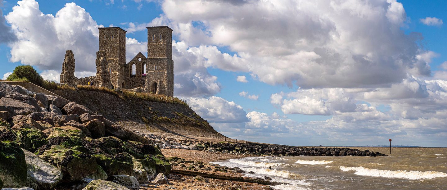 A view of Reculver Towers from the beach.