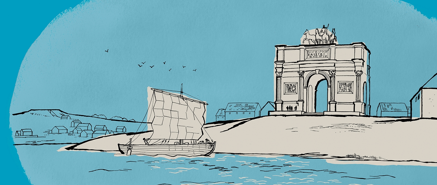 A drawing showing what the monumental arch at Richborough might have looked like in Roman times, viewed from the sea