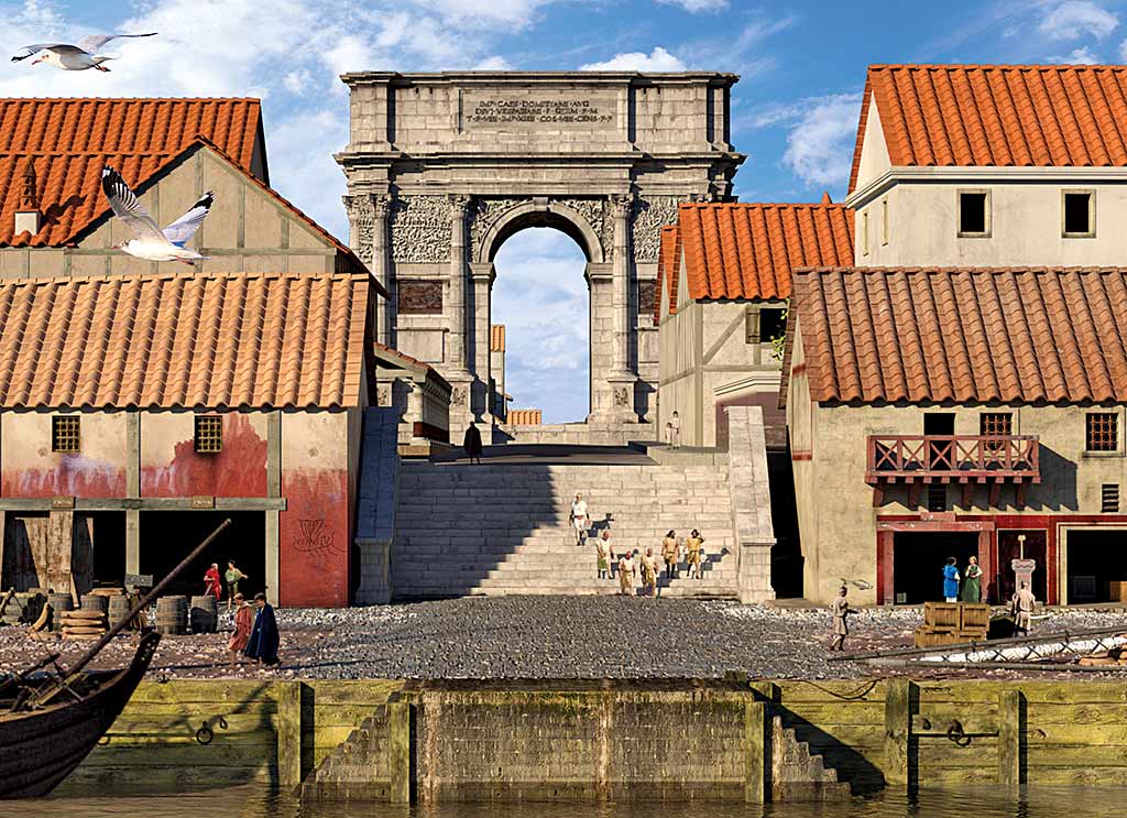 A reconstruction of the Richborough triumphal arch as it may have looked from the waterfront in about AD 150