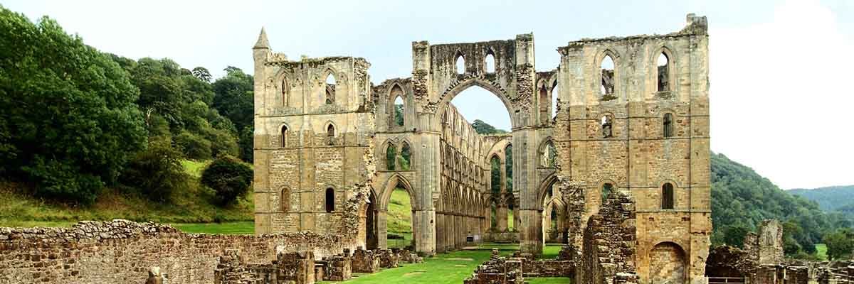 View along the nave of the church, looking east towards the presbytery at Rievaulx Abbey
