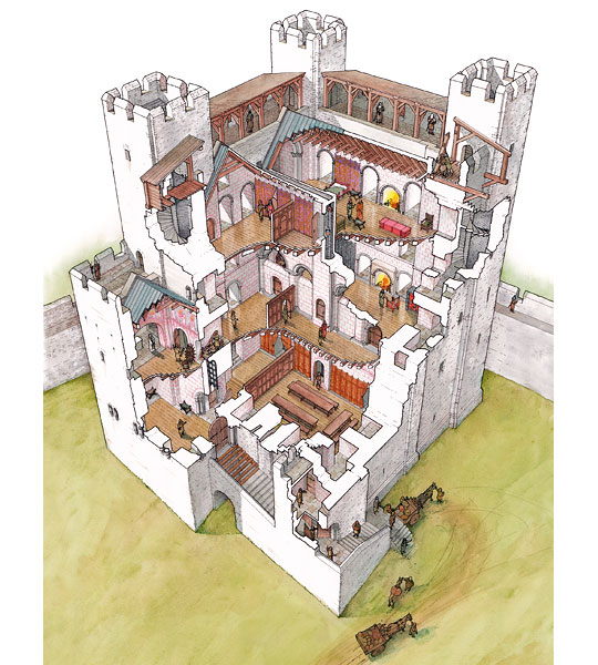 An artist’s reconstruction of Rochester Castle from the north in about 1140, shortly after it was built.