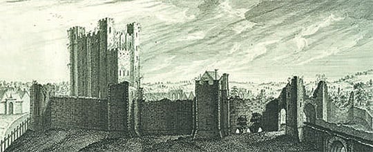 Engraving of Rochester castle by Samuel and Nathaniel Buck (1735)