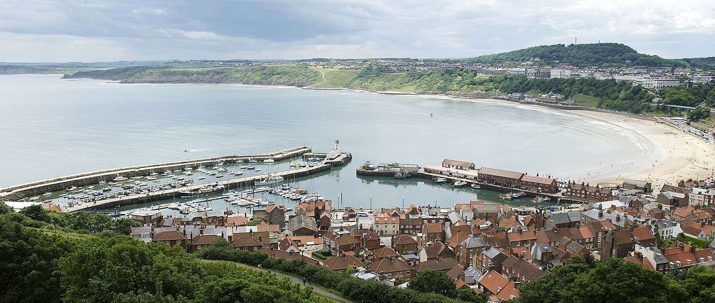 A view of Scarborough bay and harbour seen from Scarborough Castle