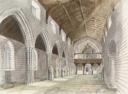 A reconstruction drawing of the abbey church as it would have looked in about 1530, looking towards the east end