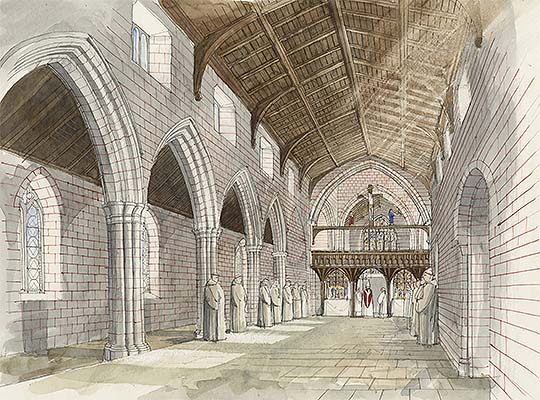 A reconstruction drawing of the abbey church as it would have looked in about 1530, looking towards the east end A reconstruction drawing of the abbey church as it would have looked in about 1530, looking towards the east end