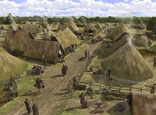 The Iron Age town was a thriving defended settlement, with buildings arranged on an organised layout. It extended over most of the area of the later Roman town