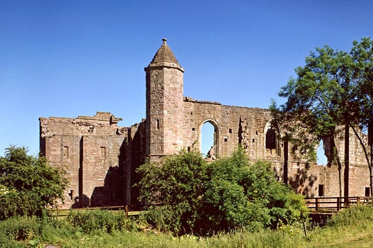 View of Spofforth Castle with the intact corner turret with conical roof View of Spofforth Castle with the intact corner turret with conical roof