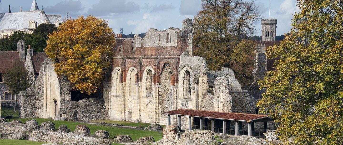 Autumnal view of ruins of St Augustine's Abbey