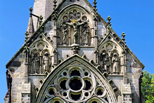 Detail of the east façade, St Marys Church, Studley Royal, with sculpted figures in niches