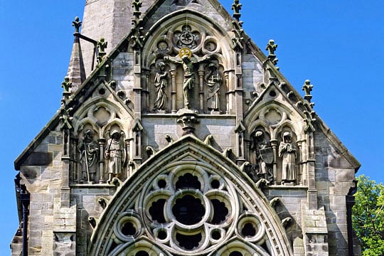 Detail of the east façade, St Marys Church, Studley Royal, with sculpted figures in niches Detail of the east façade, St Marys Church, Studley Royal, with sculpted figures in niches