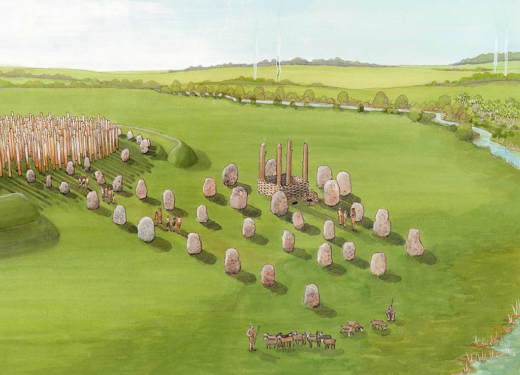A reconstruction of the north-east circle at Stanton Drew, with part of the Great Circle to the left