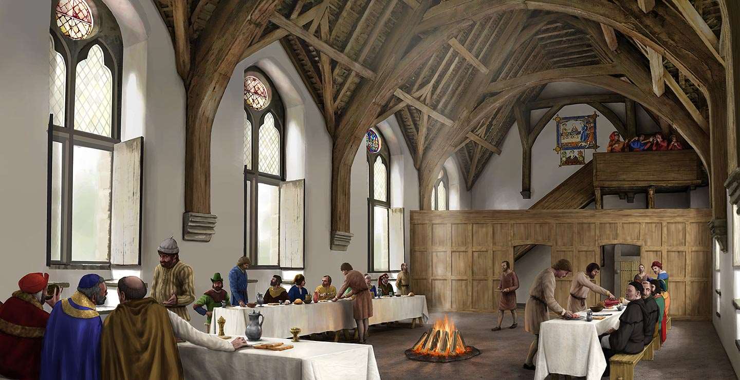 reconstruction drawing of the great hall at Stokesay Castle