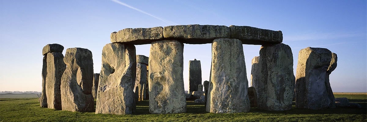 Stonehenge from the north-east, showing a well-preserved section of the outer sarsen circle