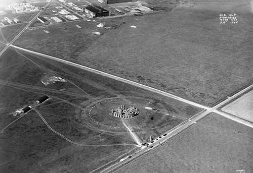The Stonehenge landscape in 1928, showing the few remaining buildings of the aerodrome (top left) The Stonehenge landscape in 1928, showing the few remaining buildings of the aerodrome (top left)
