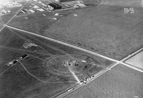 The Stonehenge landscape in 1928, showing the few remaining buildings of the aerodrome (top left)