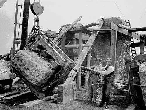 One of the lintels being replaced during restoration work on the Stonehenge sarsen circle in 1914