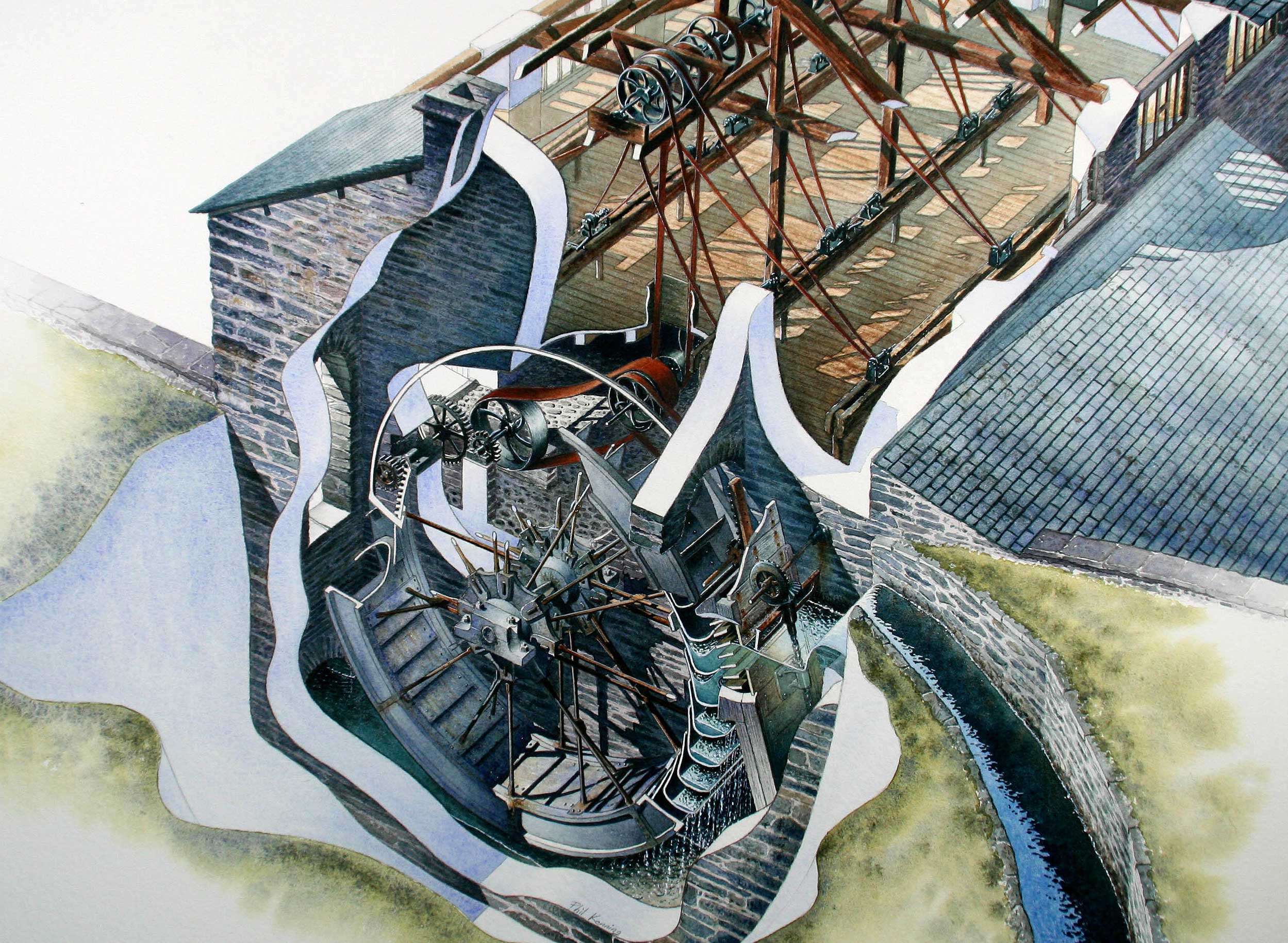 A cutaway reconstruction drawing of the old mill, showing the waterwheel that powered the mill until 1858