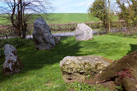 Part of the stone circle with A35 road beyond
