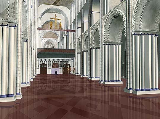 Reconstruction of the nave interior at Thetford Priory as it may have appeared in 1530, looking east Reconstruction of the nave interior at Thetford Priory as it may have appeared in 1530, looking east