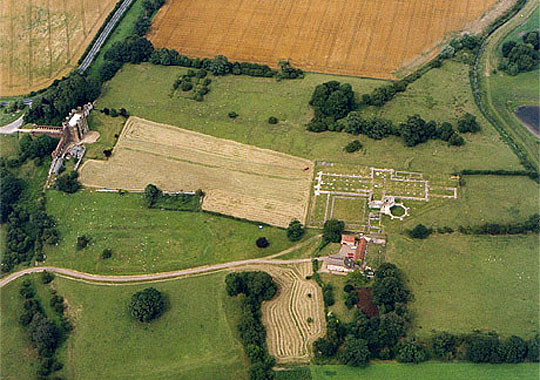 Aerial view of Thornton Abbey and Gatehouse with surrounding pasture and arrable fields Aerial view of Thornton Abbey and Gatehouse with surrounding pasture and arrable fields