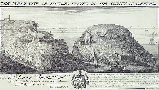 Engraving of Tintagel Castle by Samuel Buck, 1734