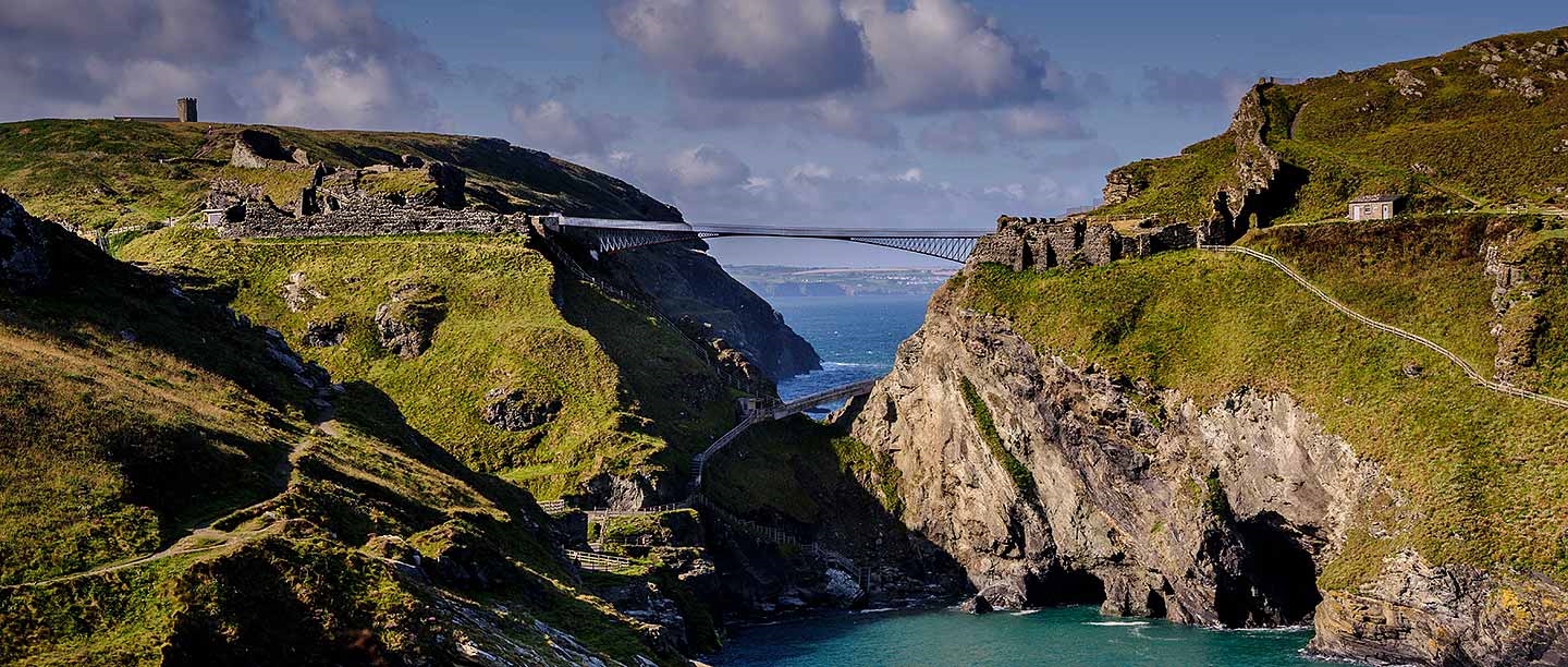 Tintagel Castle, showing the bridge built in 2019 to link the mainland and the island