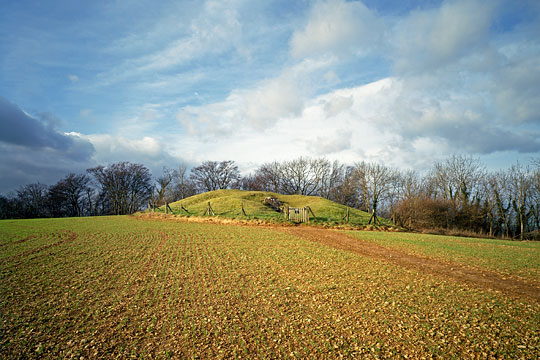 The fine long barrow at Uley in warm sunshine against a tempestuous sky