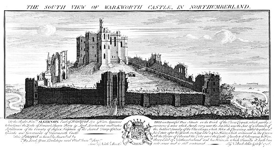 Engraving of Warkworth Castle and Hermitage by Samuel and Nathaniel Buck.