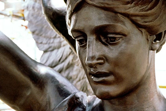 Detail of the figure of Peace from Adrian Jones's quadriga, showing the angel's face. The scupture was erected on Wellington arch in 1911-12.