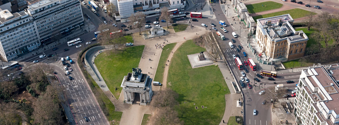 Aerial view of Hyde Park corner showing Wellington Arch. 