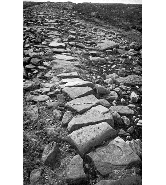 Black and white photograph of the exposed stone surface of Wheeldale Roman Road as it appeared in the 1960s