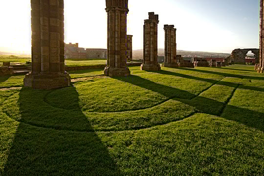View from the choir across the plan of Whitby Abbey, a 12th-century church, marked out in the lawn View from the choir across the plan of Whitby Abbey, a 12th-century church, marked out in the lawn