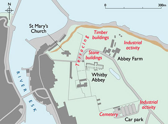 A map of Whitby headland showing Whitby Abbey and Anglian features found by excavation